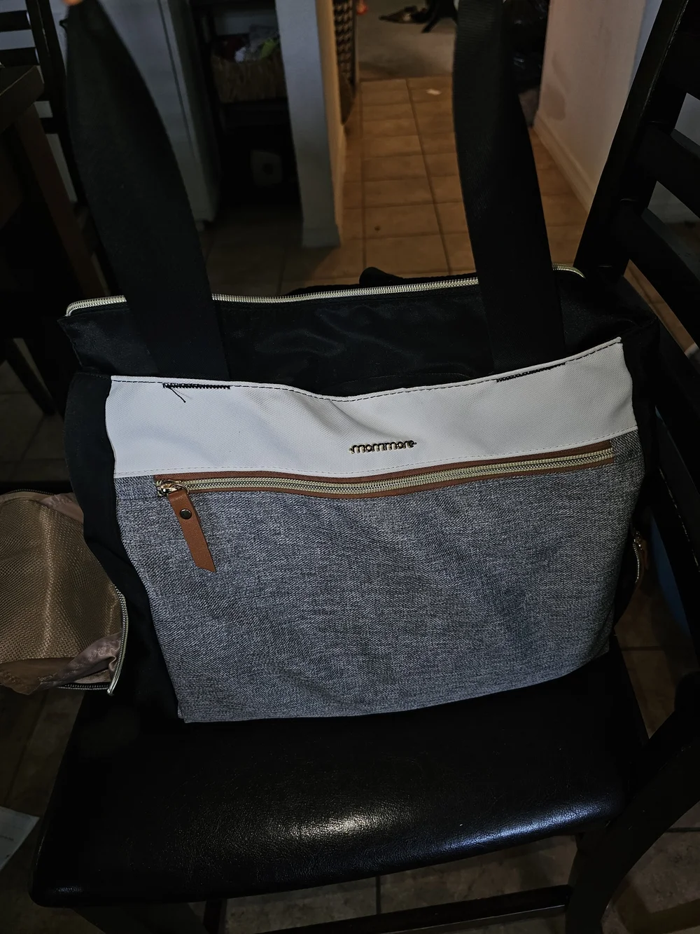 Mommore Breast Pump Tote. Gray & White Tote with Black Straps